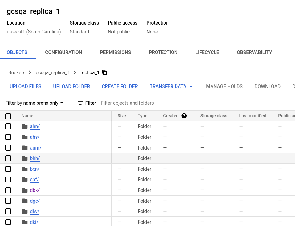 Google Cloud Storage에서 데이터 파티션을 포함한 폴더 구조를 보여주는 레플리카 1의 버킷