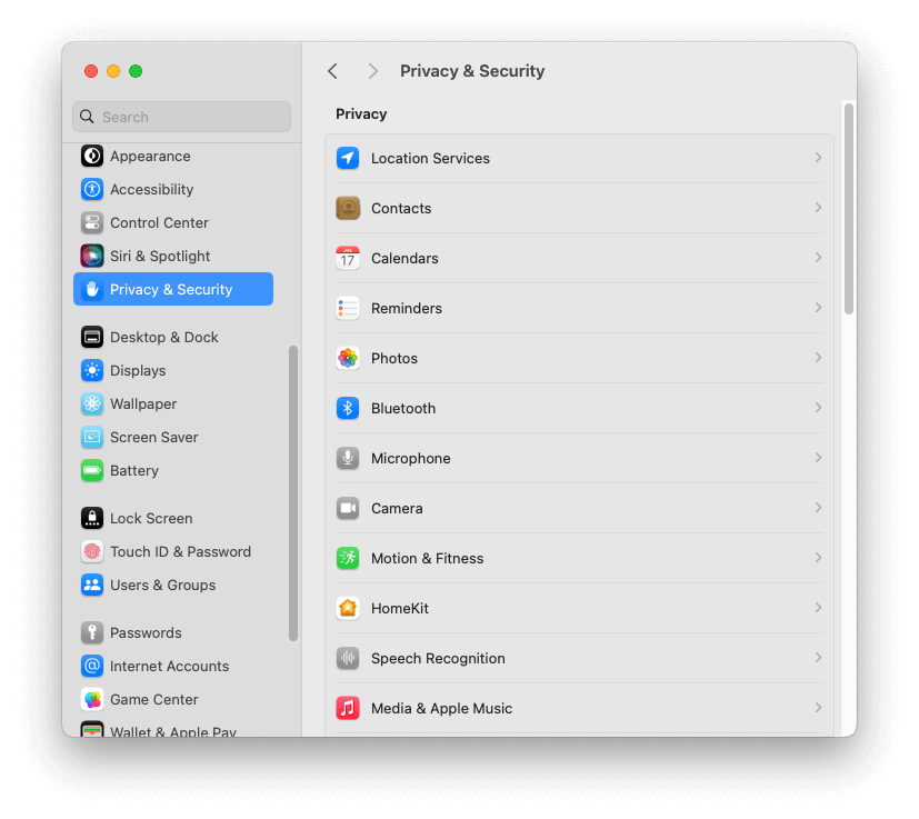 macOS Privacy & Security 기본 보기 설정