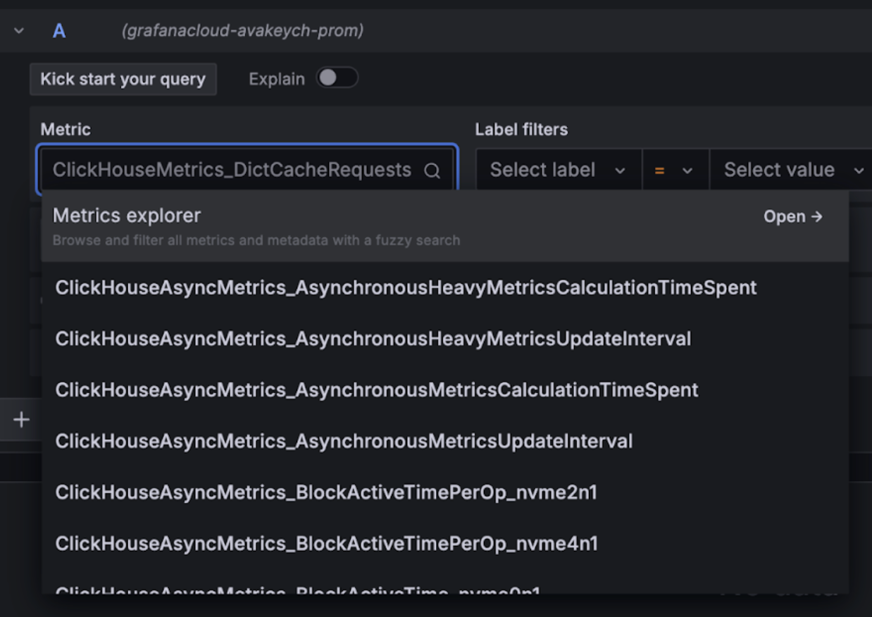 Grafana Metrics Explorer 드롭다운